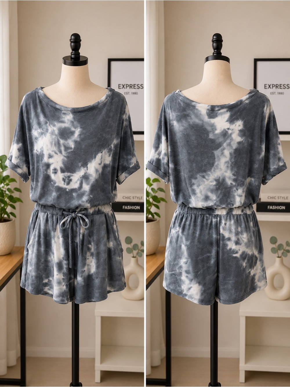 Tie-Dye Short Sleeve Drawstring Romper - Blue/Gray & White